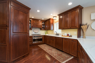 Photo of a mid-sized traditional galley separate kitchen in Milwaukee with an undermount sink, raised-panel cabinets, dark wood cabinets, marble benchtops, white splashback, marble splashback, panelled appliances, dark hardwood floors, no island and brown floor.