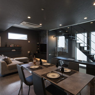 他の地域のモダンスタイルのおしゃれなダイニング (グレーの壁、セラミックタイルの床) の写真