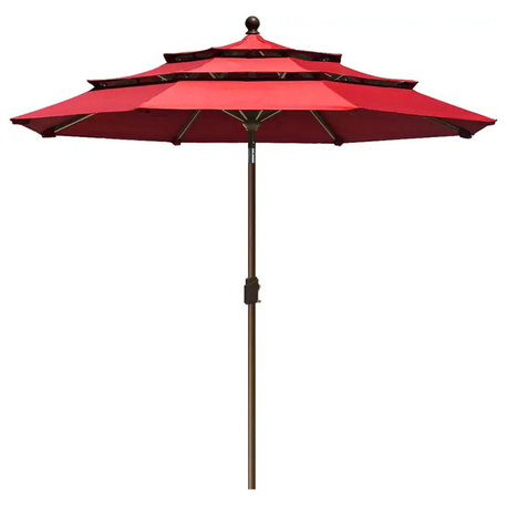 9ft Patio Umbrella with Crank Lift and Ventilated 3 Tier Design, Logo Red