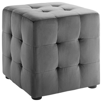 Contour Tufted Button Cube Performance Velvet Ottoman, Gray