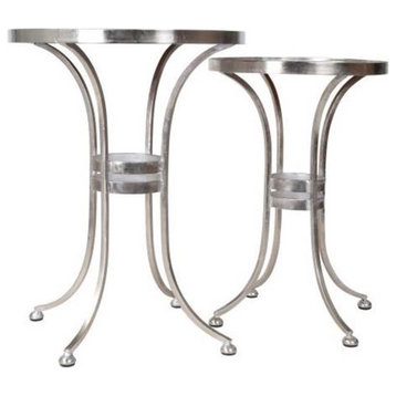 Set of 2 Glam Side Table, Silver Metallic Frame With Ring Accents & Glass Top