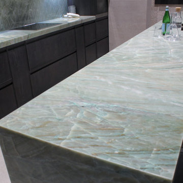 Contemporary Kitchen w/ Adamantina Quartzite Countertops w/ Waterfall and Splash