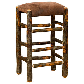 Rustic Hickory Log Stool with Upholstered Seat, 30 Inch, Faux Brown Leather
