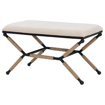 Modern Dining Bench, Black Metal Legs With Woven Accents & Linen Seat, Beige
