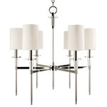 Hudson Valley Lighting - Amherst, Six Light Chandelier, Polished Nickel Finish, Off White Faux Silk Shade - George Hepplewhite's name is synonymous with light and balanced furniture designs that shun ornamentation and stand upon sleek, straight legs. The elongated torch handles of our Amherst collection recall Hepplewhite's historic designs, while pristine crystal accents give the collection a 21st century twist. White fabric shades top the tall tapers, complimenting the cylindrical shape of Amherst's crystal bobeches.