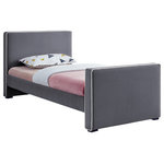 Meridian Furniture - Dillard Velvet Upholstered Bed, Gray, Twin - Lend your bedroom an elegant look with this Dillard velvet bed. Live out your velvet fantasy with this bed's soft grey velvet upholstery that runs the full length of the bed from headboard to footboard and is trimmed with velvet piping in a contrasting color for a contemporary vibe. Dark espresso wood legs provide added support for the bed, which can be used without a box spring if desired.