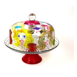 Hand Painted Girlfriends Design Glass Cake Dome, 12", Kitchen Accessory - Tabletop
