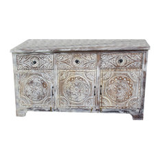 Mogul Interior - Consigned Vintage Credenza Whitewashed Distressed Floral Hand Carving Sideboard - Buffets and Sideboards