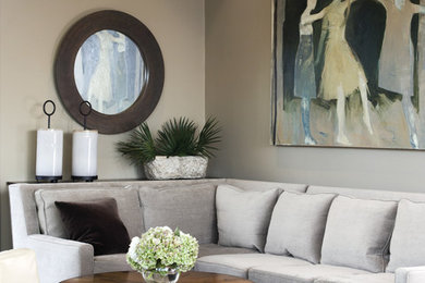 Living room - mid-sized transitional formal and enclosed carpeted living room idea in San Francisco with beige walls, no fireplace and no tv