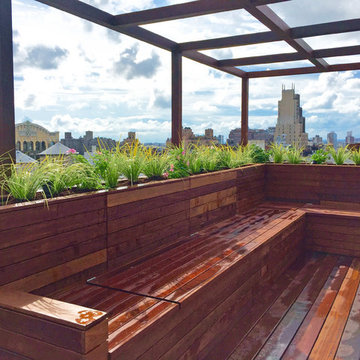 Flatiron District Rooftop Garden with Pergola, Deck, Bench, Custom Planters