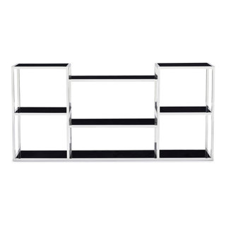 Maldives Media Shelf Black Tempered Glass Top Polished Stainless Steel ...