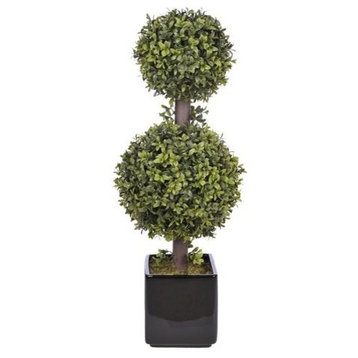 Artificial Double Ball Boxwood Topiary in Black Ceramic Vase