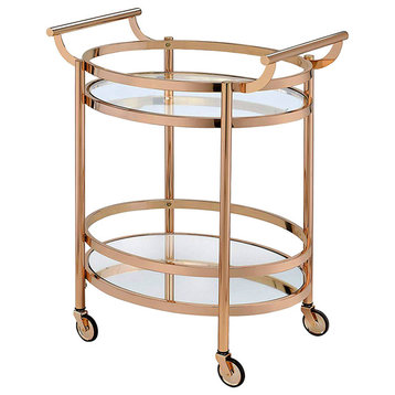 Bowery Hill Glass/Metal Frame & Handles Serving Cart in Clear/Rose Gold