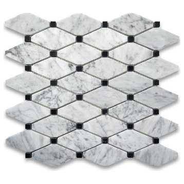 Carrara White Marble Long Octave Rhomboid Mosaic Tile Black Dots Honed, 1 sheet