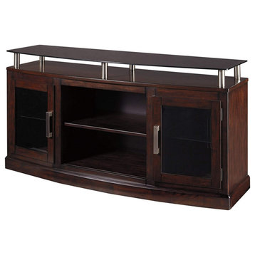 Contemporary TV Stand, Raised Glass Top and 2 Doors With Brushed Nickel Pulls