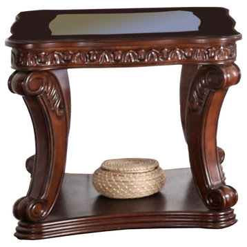 Traditional End Table With Cabriole Legs and Wooden Carving, Brown