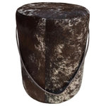 Foreign Affairs Home Decor - Round Pouf Ranch, Brown and White Cowhide, Leather Handle - Brown & white cow hide covered round pouf RANCH combines the rustic feel of cow hide with a very modern slim silhouette. The leather handle is stylish and functional. Use this pouf as additional seating or occasional table in any setting.