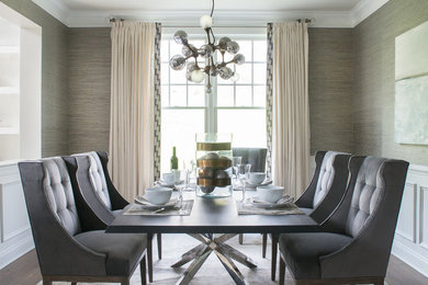 Inspiration for a mid-sized transitional separate dining room in DC Metro with grey walls, dark hardwood floors, no fireplace and brown floor.