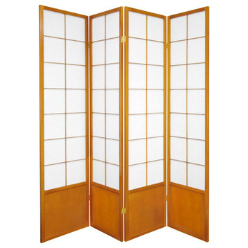 Modern Room Divider, Honey Wooden Frame With Lattice Square Pattern, 4 Panels