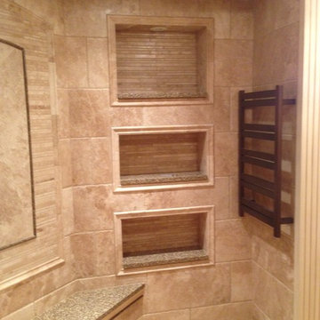 Custom Travertine shower with Schluter Line Drain