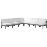 Meridian Furniture - Nizuc Water Resistant Patio L-Shaped Modular Sectional, White, 7-Piece: 6 Armless Chair, 1 Corner Chair, Dark Gray Aluminum Frame - Pick and choose your favorites from the Nizuc collection to create a modular seating group the whole gang will enjoy. The sturdy aluminum frame provides dependable support for friends and family as they relax and unwind, and the resilient white water resistant fabric stands up to the elements without losing its beautiful demeanor, so you can count on it lasting for the long haul. Latches beneath these seating pieces help you easily attach them to one another for convenient setup.
