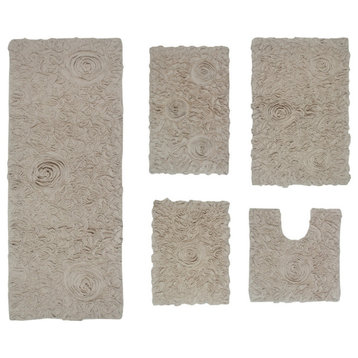 Bell Flower Collection Tufted Bath Rug, 5-Piece Set With Runner, Linen