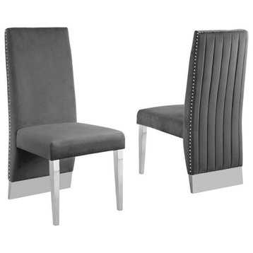 Gray Tufted Velvet Accent Side Chairs with Silver Chrome Detailing (Set of 2)