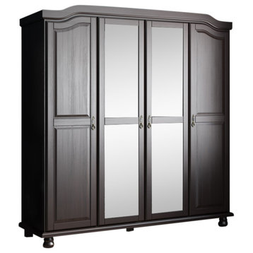 100% Solid Wood Kyle 4-Door Wardrobe Armoire With Mirrors, Java