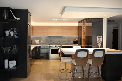 Mid-sized trendy u-shaped light wood floor enclosed kitchen photo in Orange County with an island, flat-panel cabinets, black cabinets, quartzite countertops, gray backsplash, stone tile backsplash and stainless steel appliances