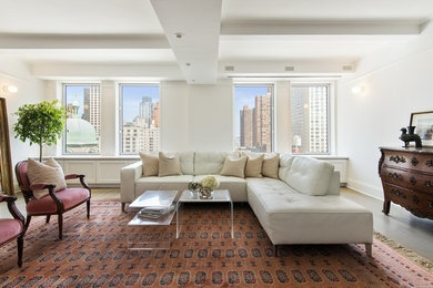 Inspiration for a mid-sized contemporary formal and open concept light wood floor and beige floor living room remodel in New York with white walls, a ribbon fireplace, a metal fireplace and no tv