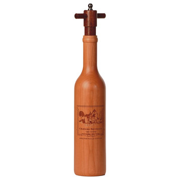 Engraved Wine Bottle Shaped Pepper Grinder, Cherry Wood, Chateau Bordeaux