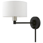 Livex Lighting - Swing Arm Wall Lamps 1 Light Black, Brushed Nickel Accent Swing Arm Wall Lamp - Add this versatile swing arm wall lamp bedside or above a favorite reading chair to enjoy more light where you need it. The black finish with brushed nickel accent is transitional while the off-white fabric shade offers subtle texture.