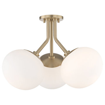 Estee 3-Light Semi-Flush Mount With Opal Etched Glass, Finish: Aged Brass