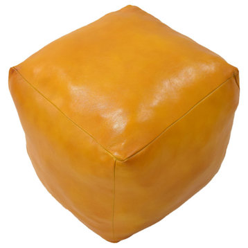 Solid Handmade Leather Pouf (Recycled Foam with Fibre Fill) PF12, Mustard, [Square] 16x16x16