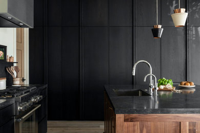 Imagen de cocina minimalista con armarios con paneles lisos, puertas de armario negras, una isla y encimeras negras