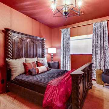 Bold Southwestern Bedroom with Carved Wood Bed