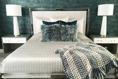 Bedroom - large transitional master porcelain tile and gray floor bedroom idea in Tampa with blue walls