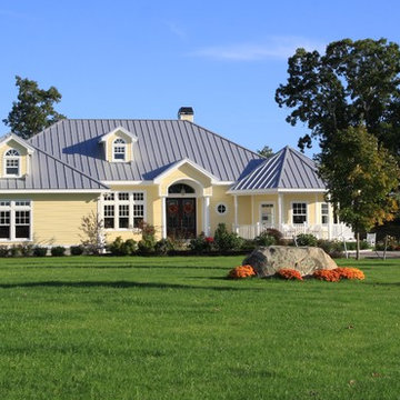 Westerly residential front yard landscape, Sugar Maples and foundation plantings