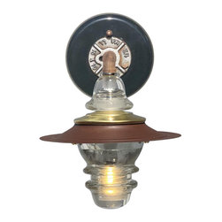 Railroadware - Insulator Light Pendant Lantern Sconce Rusted Steel Hood Brass & Glass Bell Cap - Wall Sconces
