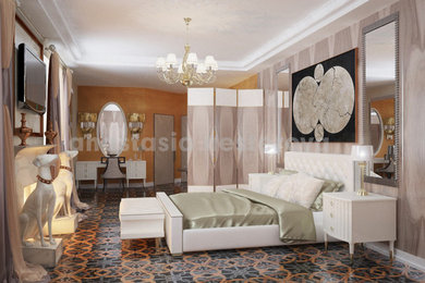 Источник вдохновения для домашнего уюта: большая хозяйская спальня в классическом стиле с серыми стенами, темным паркетным полом, стандартным камином и фасадом камина из камня