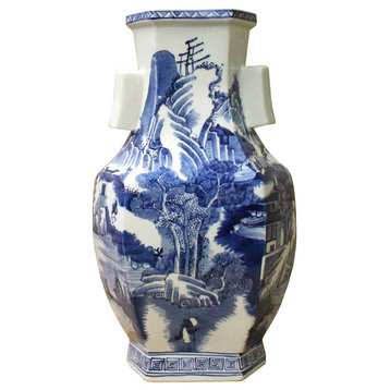Chinese Blue and White Porcelain Oriental Mountain Scenery Graphic Vase Hcs3609