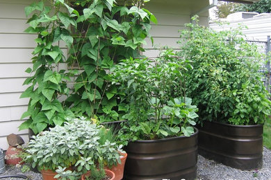 Inspiration for a small eclectic backyard full sun garden for summer in Portland with a container garden and gravel.