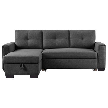Modern Sleeper Sectional Sofa, Tufted Back Cushions & Storage Chaise, Dark Grey