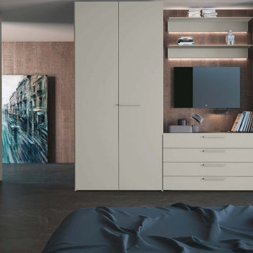 Modern bedroom with custom closets and wall units