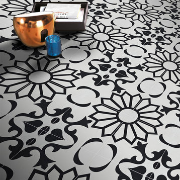 8"x8" Taj Handmade Cement Tile, Black/White, Set of 12