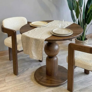 Dorel Round Walnut Dining Table | Sculptural Solid Wood Pedestal Design