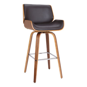 Tyler 26" Mid-Century Swivel Counterstool, Brown Faux Leather With Walnut Veneer