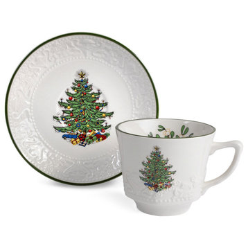 Cuthbertson Original Christmas Tree Dickens Embossed Teacup & Saucer, Set of 4