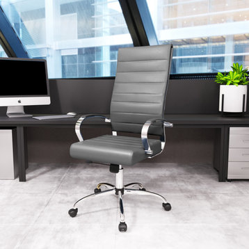 LeisureMod Benmar High-Back Adjustable Leather Office Chair, Grey