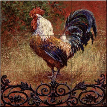 Tile Mural, Iron Gate Rooster Square by Laurie Snow Hein